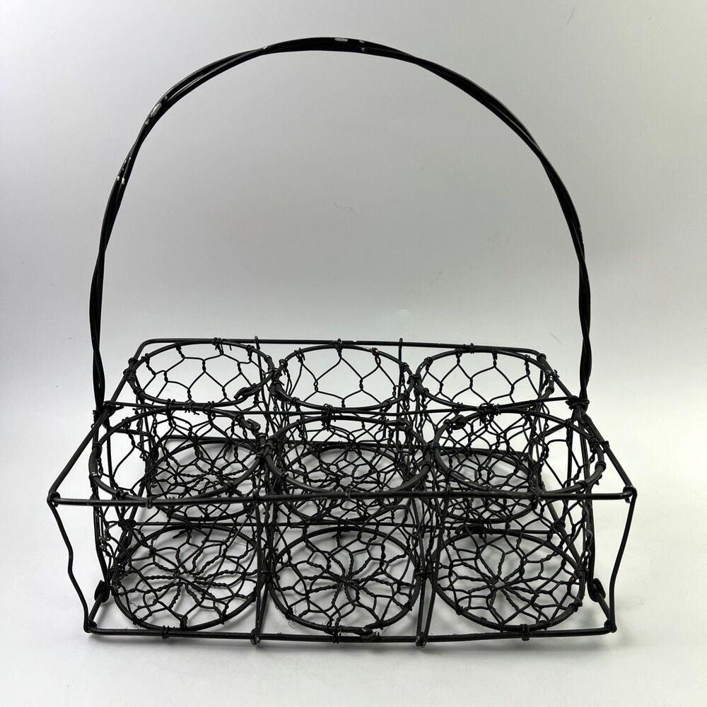 Vintage Primitive Wire Plant Herb Caddy 6 Holder Basket Twisted Galvanized Steel